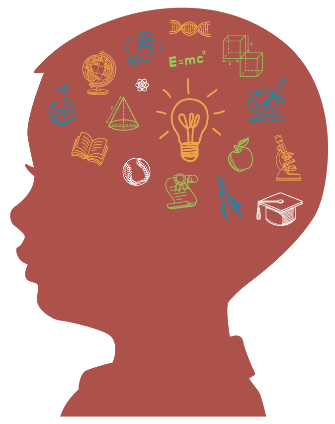 An illustration in silhouette of a young male child with educational symbols, such as a light bulb, microscope, books, etc. filling his head. 